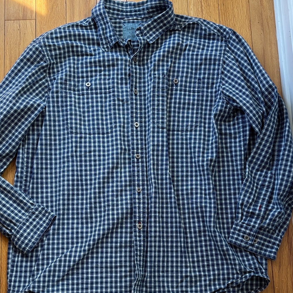 L.L. Bean Navy and White Plaid Men's Shirt Button Down Cotton size XL